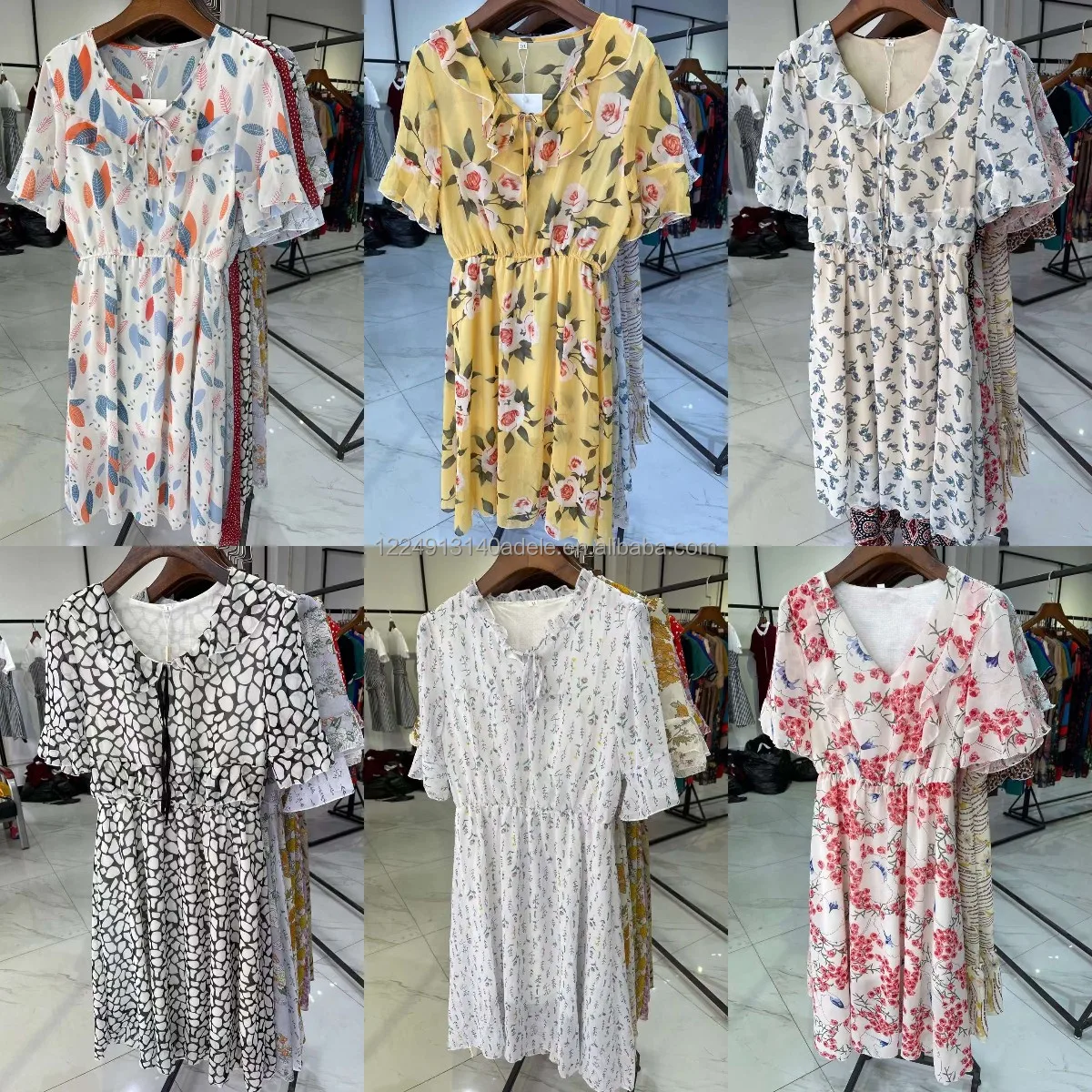 

2021 vintage Floral Printing Chiffon Dress Summer Women Short Sleeved Dress Retro Collar Casual Slim Elegant Dresses