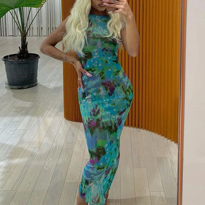 

FS3218D summer Print Turtleneck Maxi Dress Sleeveless O-Neck Sheath Pleated Slim dresses