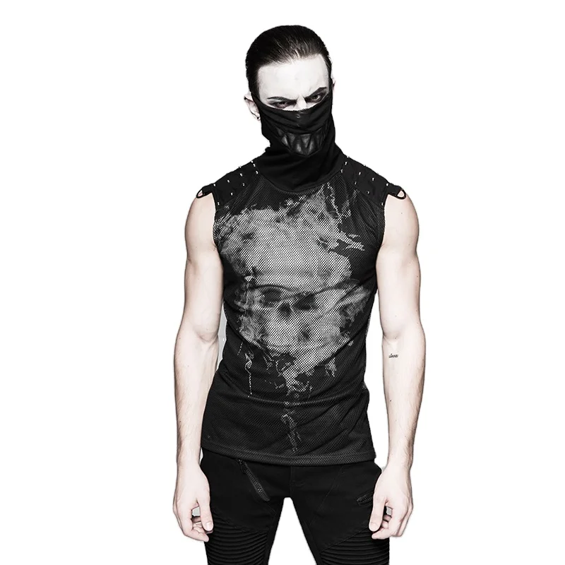 

Punk Rave T-470 Punk Black Rivets Puff Printing Knitted Collar Men Sleeveless Vest