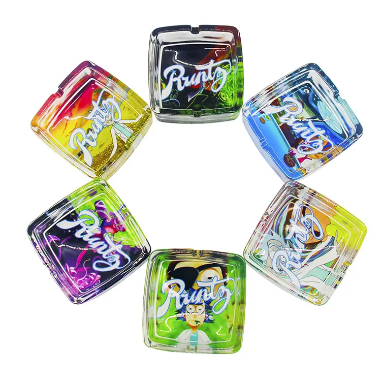 

Logo Custom Cartoon ashtray 95mm square runty Rick glass smoking tray luminous in night