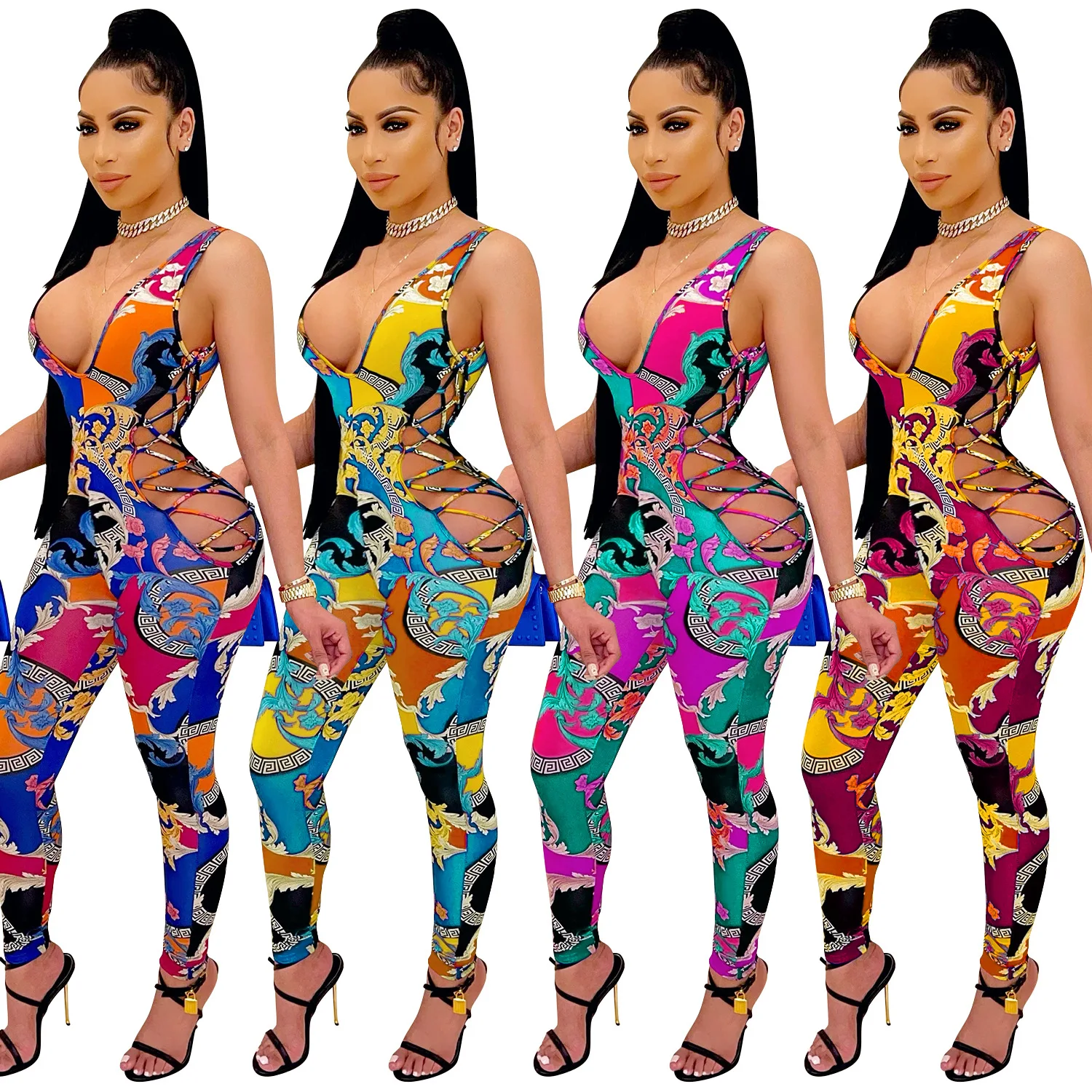 

2021 Women Clothing Sleeveless Bodysuit Rompers Casual Bodycon Printed Jumpsuit Women Sexy Backless Hollow Out Jumpsuit