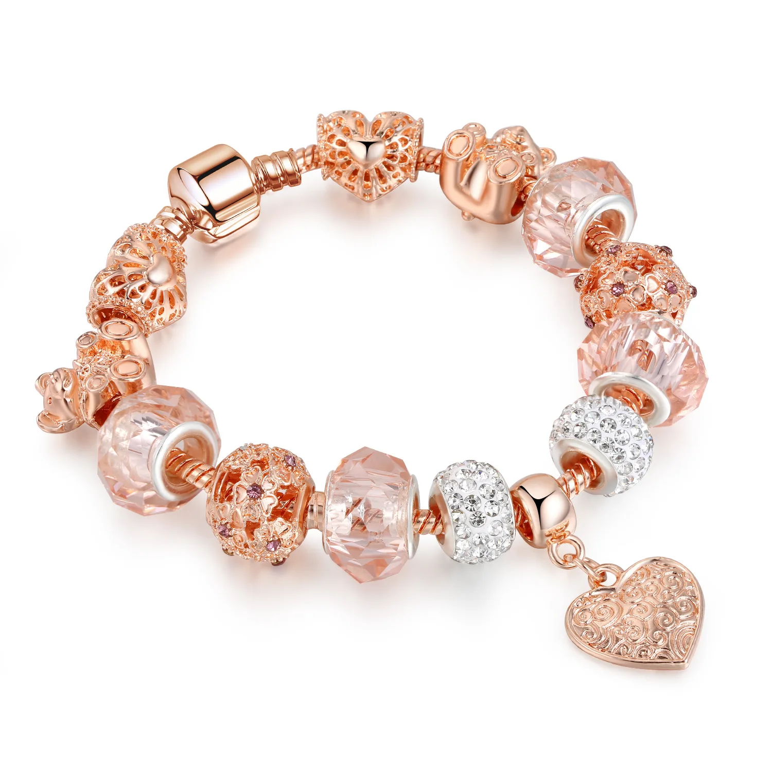 

Exquisite Rose Gold Rhinestone Crystal Beads Charm Bracelet Graven Flower Glass Beaded Heart Charm Bracelet Jewelry
