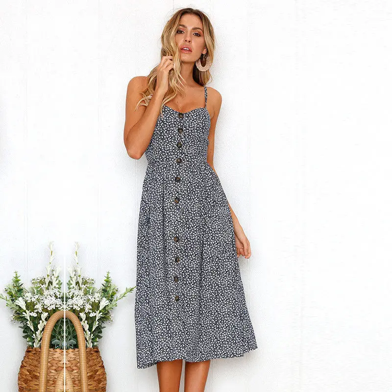 

2020 New Arrival Sexy Women Spaghetti Strap Sunflowers button midi ladies casual dresses