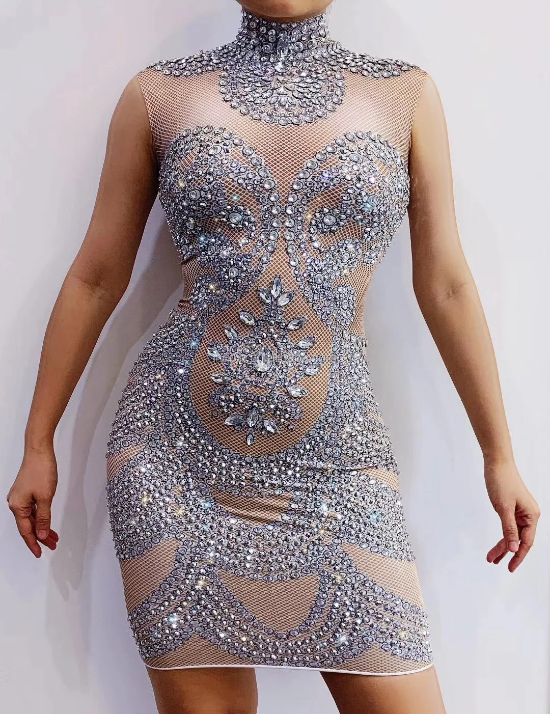 

Sparkly Big Crystal Mesh Perspective Dress Evening Party Dresses Birthday Celebrate Costume Singer Performance Dance