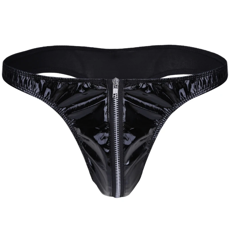 

iEFiEL Men's Wetlook Leeather Bikini Briefs Underwear Zipper Open Front Pouch G-String Thongs Panties