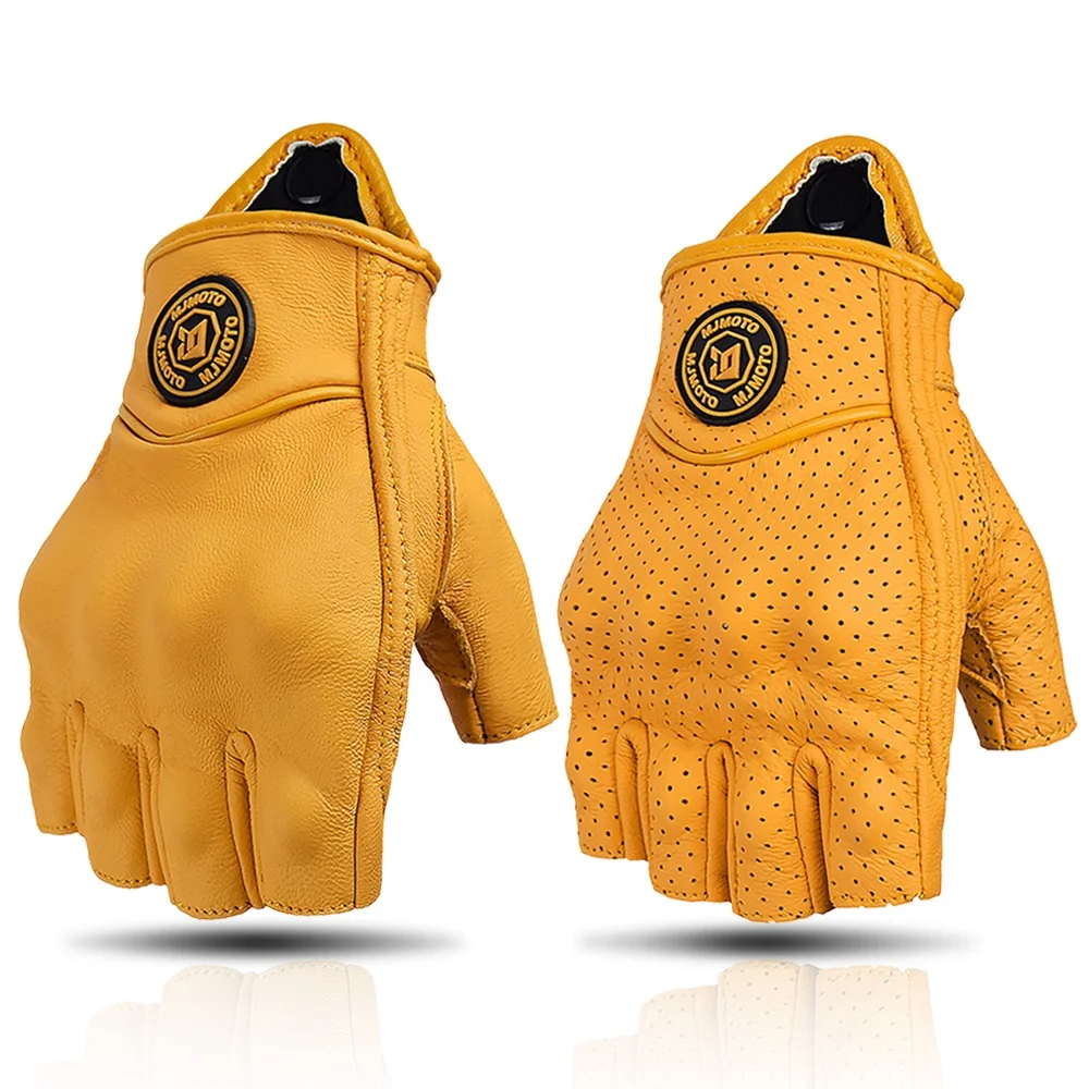 Summer Yellow Leather Motorcycle Gloves Half Finger Retro Motocross Fingerless Anti-Slip Unisex Gym Riding Racing