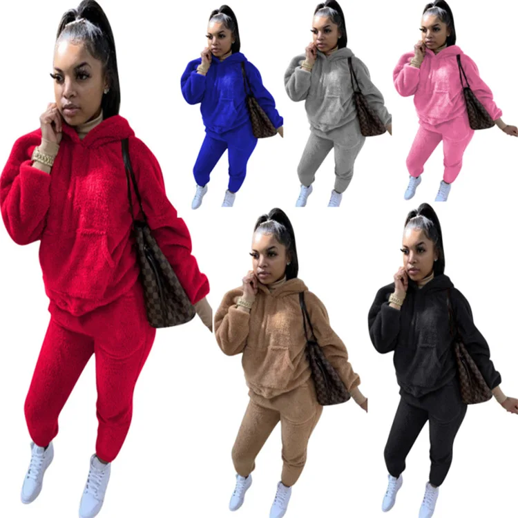 

QIANZI New fashion casual solid color plush hooded hoodie long sleeve trouser set Women's two-piece warm suit