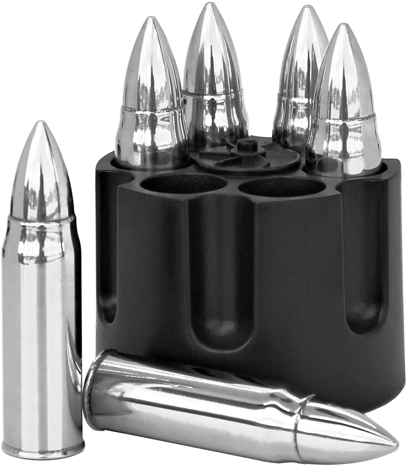 

Stainless Steel Whiskey Stones Bullets Reusable Ice cubes with Revolver Freezer Base