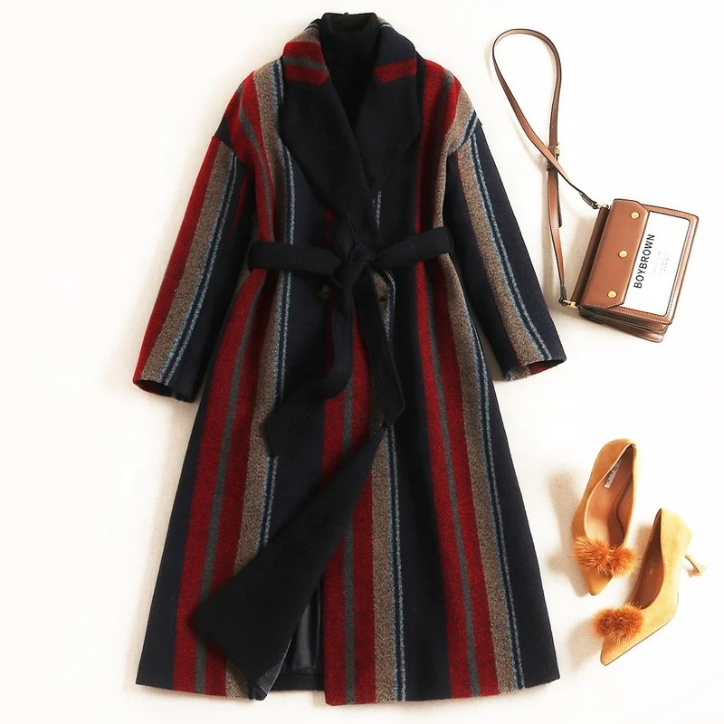 

B23969A Temperament women's woollen coat Winter Striped wool overcoat
