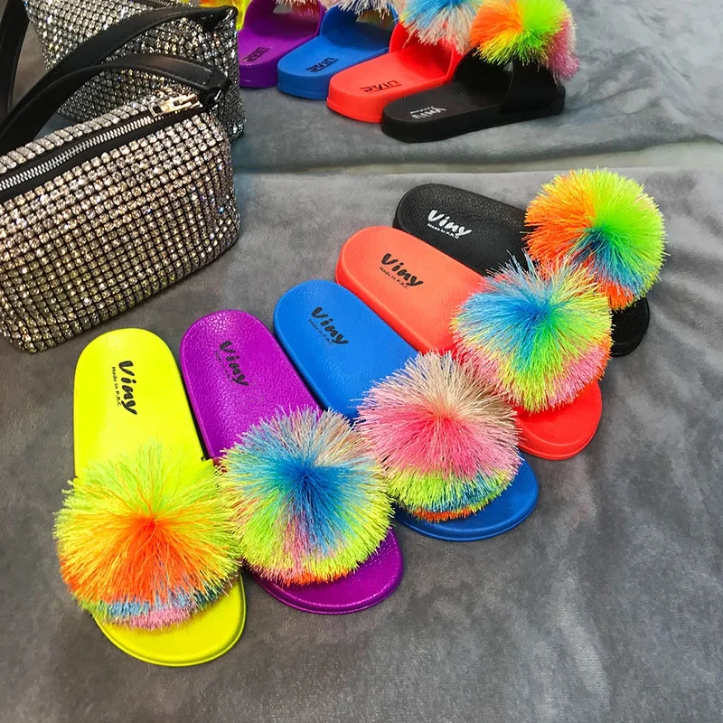 

Cheap Price 60 pairs one carton PVC Indoor Cute Kid Slippers Fur Ball Design For Children Slides Outdoor Slippers, Purple/orange/yellow/blue/black