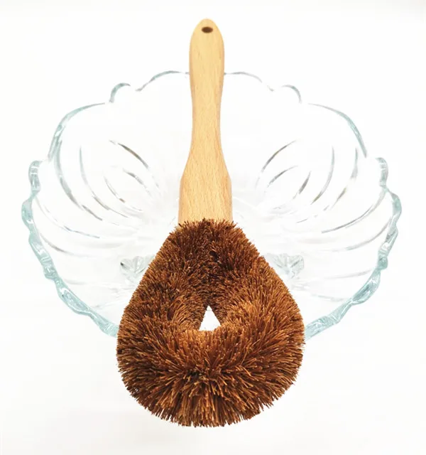 

Natural coconut shell fiber durable kitchen clean pan bowl with beech wooden round handle brush
