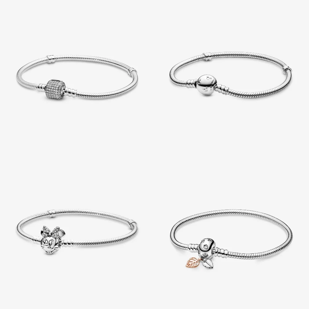 

925 Sterling Silver Mickey Minnie Mouse Bracelet Pave Stone Snake Chain Dangling Nature Leaves Clasp Bangle For Children Women