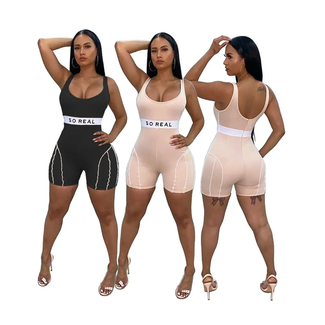 

2021 New Arrivals Female Sexy Rib Shorts Printing-letter Zipper Bodysuit Sexy Jumpsuit For Women