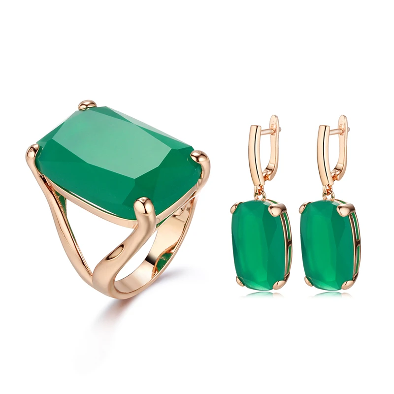 

Rose Gold Big Glass Stones Jewelry Set, Colorful Earrings Ring Lady Jewelry set