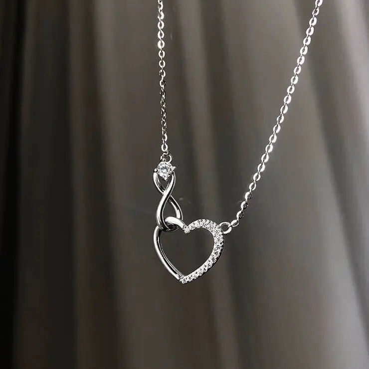 

Shiny Zircon Heart Necklace Ins Silver Plated Micro Pave Heart Infinity Pendant Necklace Jewelry for Women