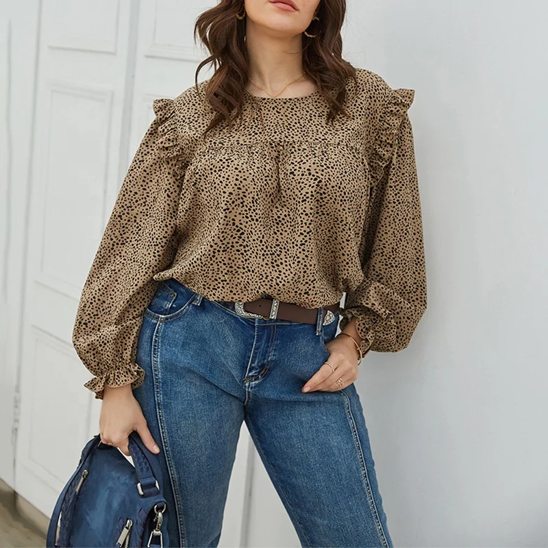 

Plus Size Printed Blouse Loose Fit Puff Sleeves Women's Blouse