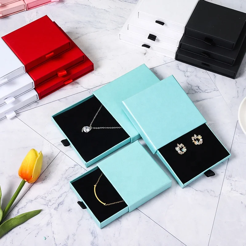 

Wholesale earrings necklace jewelry box black drawer box ring bracelet jewelry packaging storage box custom, Red, blue, white, black, pink, kraft, light blue