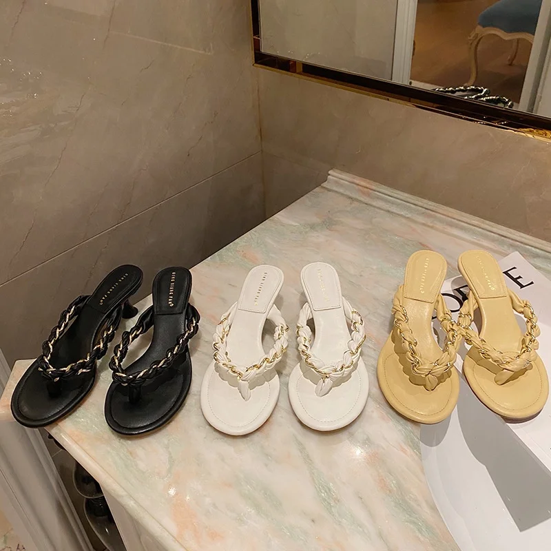 

2021 Europe&American summer new arrival women's sandals fashion woven soft sole metal chain mid-heel slippers, Three colors or customized