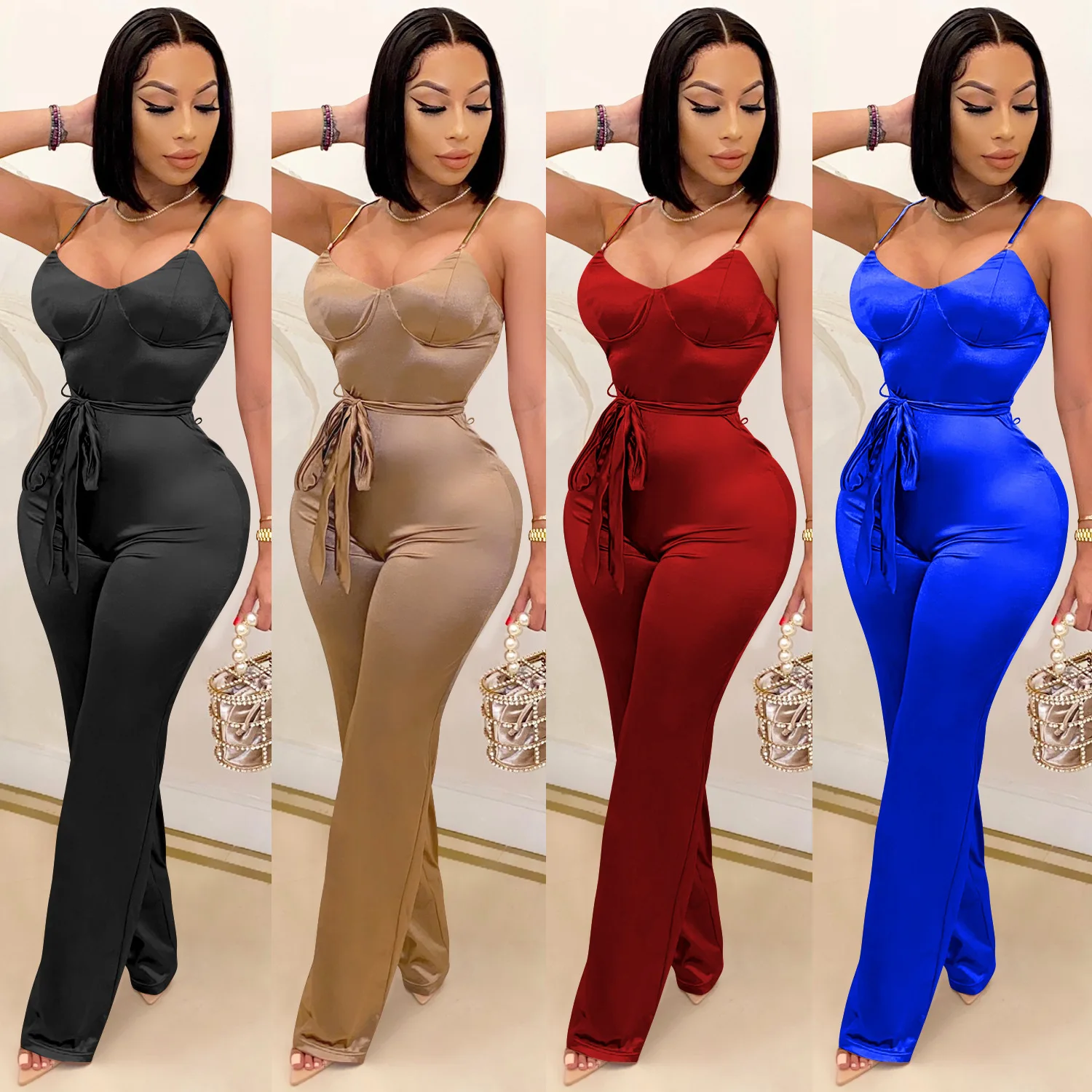 

Elegant Club Wear Drawstring Waist Stretchy Long Pants Romper Women Casual Solid Sleeveless Jumpsuit