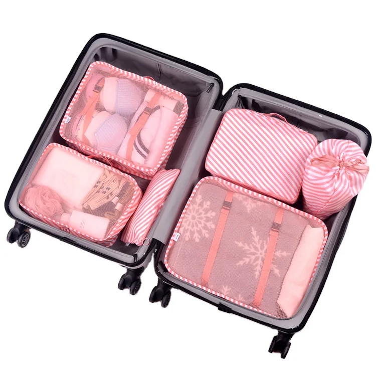

High Quality Pink Stripe 6 Pcs in 1 Compression Bag Twill Packing Cubes Set Organizer Luggage Storage Bags For Travelling Pouch, As picture
