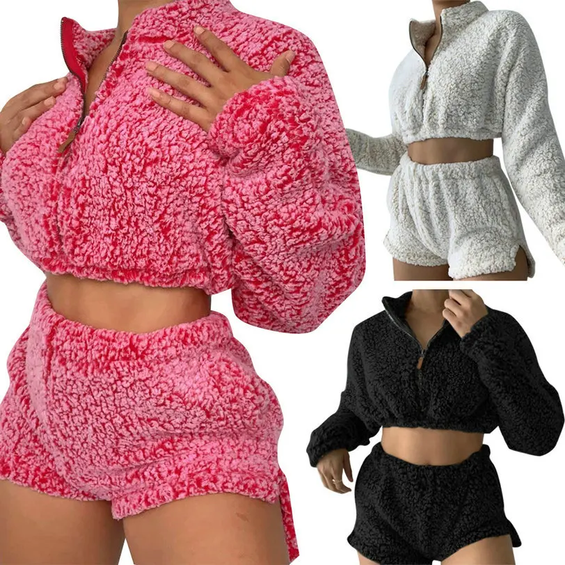 

factory Plush solid color shorts suit women sweater Amazon stand up collar zipper long sleeve velvet two piece pant set