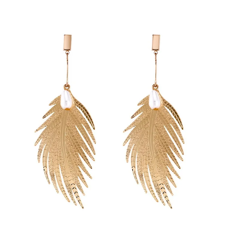 

Metallic feather long earrings women jewelry fashion accessories latest design jewelry