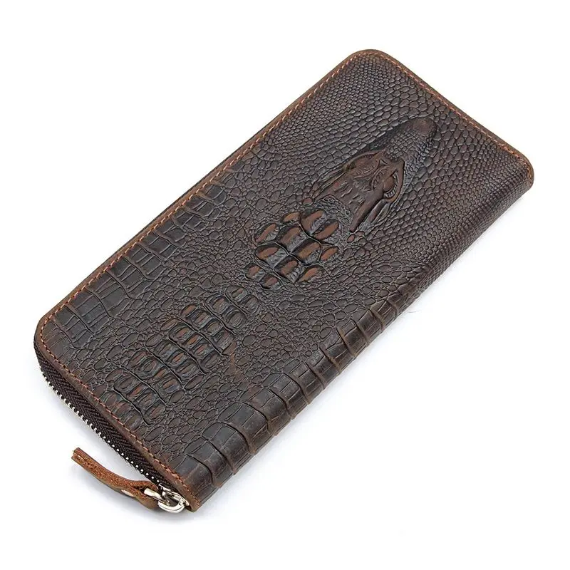 

Wholesale Luxury Crocodile Pattern Retro Dark Brown Leather Long Wallet Men's Credit Card Holder Zipper Portable Portable Wallet