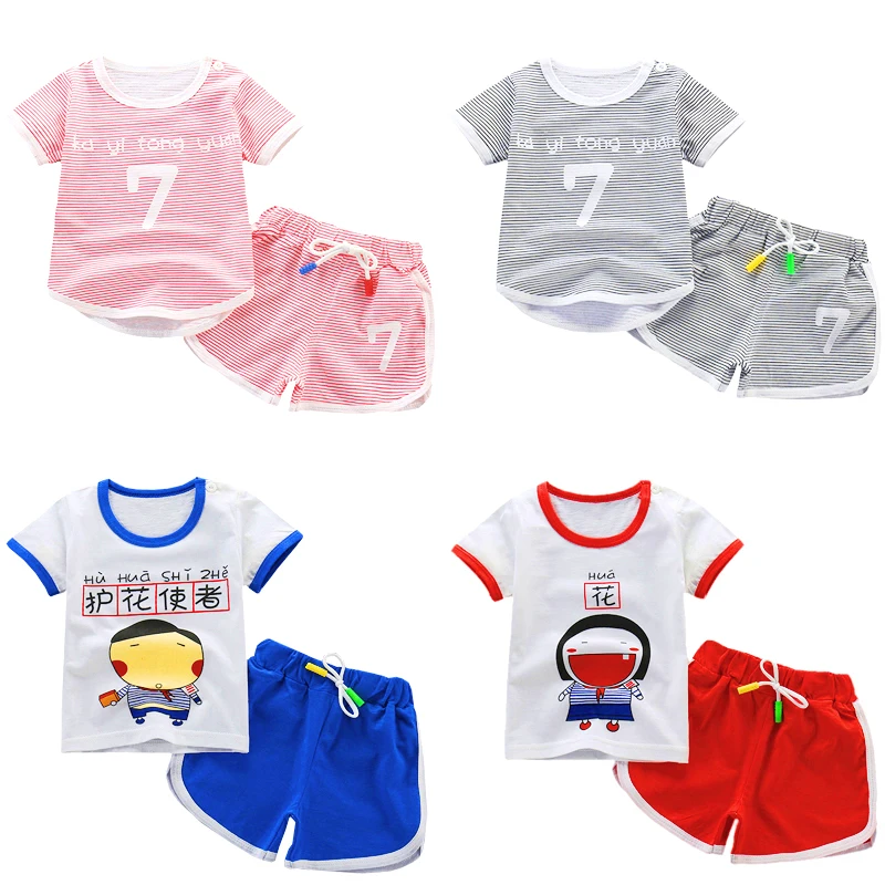 

Summer Clothes Short Sleeve T-shirt shorts Set girls suit striped cartoon cotton short-sleeved shorts wholesale, Pic shows