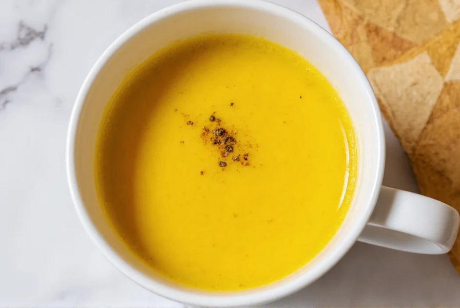 Golden milk preparation with turmeric, black pepper, and coconut milk in a mug