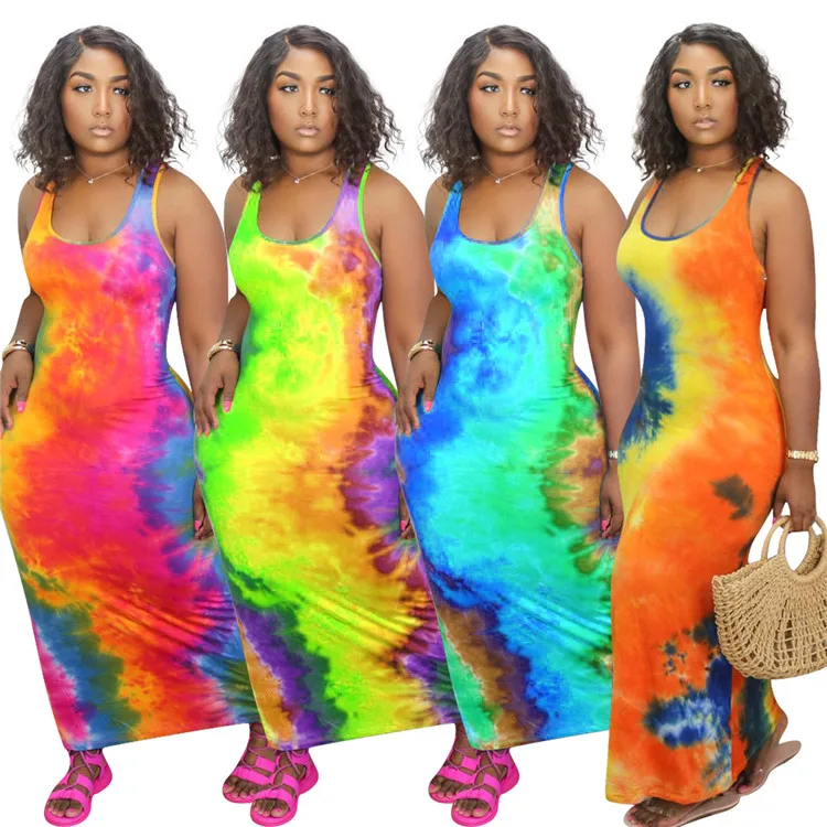 

Trendy Lady Dress Boutique Round Neck Colorful Sexy Casual Tie-Dye Sleeveless Summer Skinny Women Long Dresses