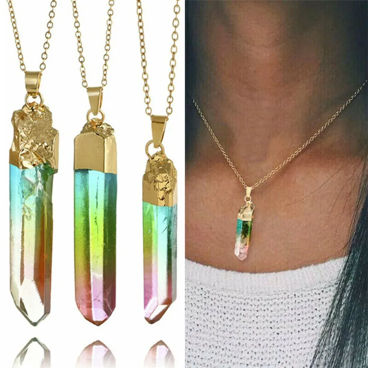 

Natural raw stone column mixed color crystal gold rim sweater chain single ring pendant necklace women, Picture shows