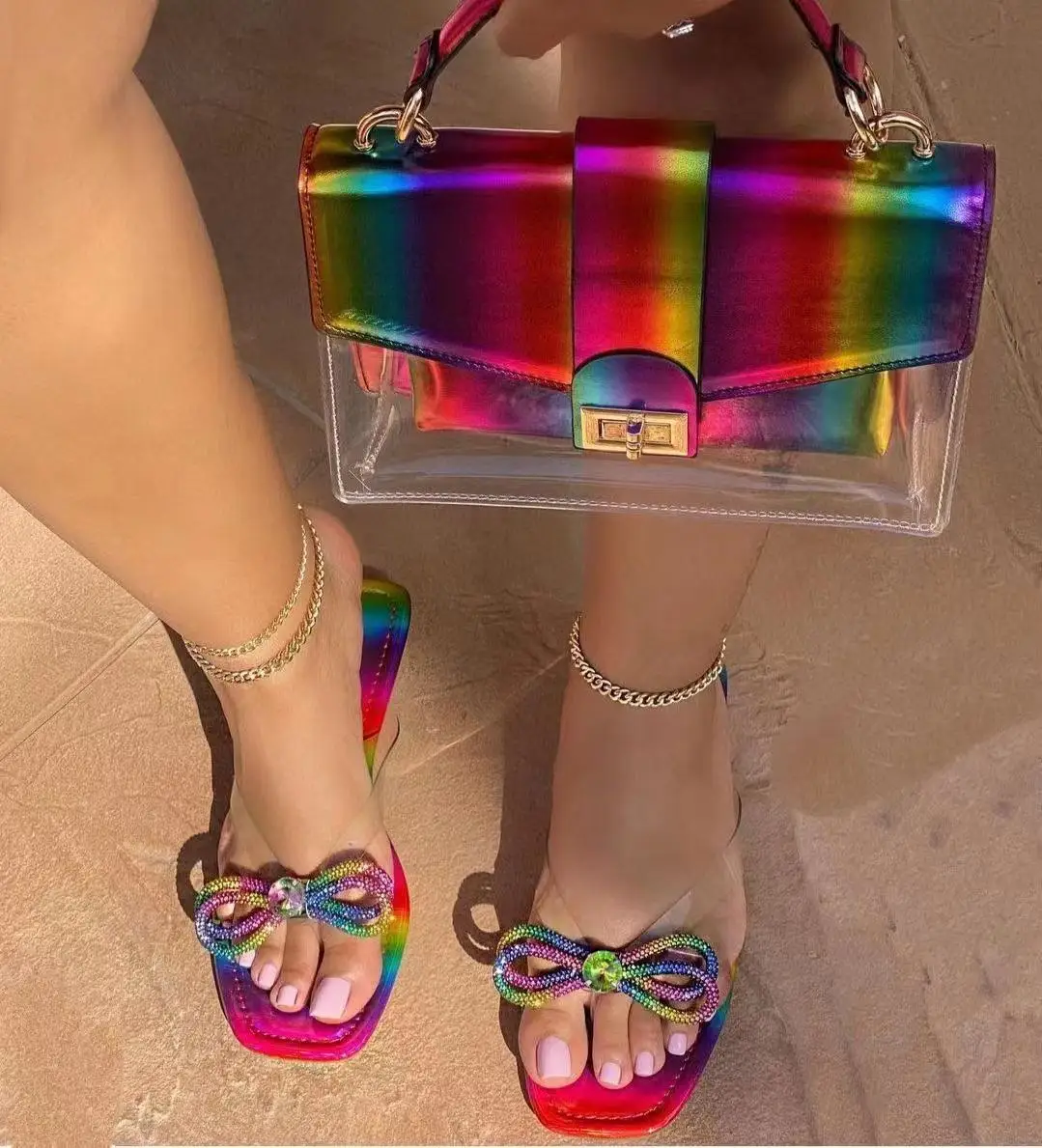 

Fashion ladies 2021 rainbow slides Rhinestone outdoors women jelly slippers flat bow sandals and purse sets