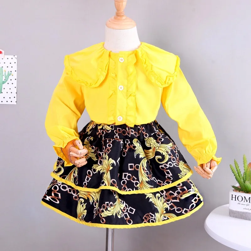 

2021 New design fashion two-piece children's girls summer skirt + printing T shirt girls clothing skirt sets kids outfits, 2colors