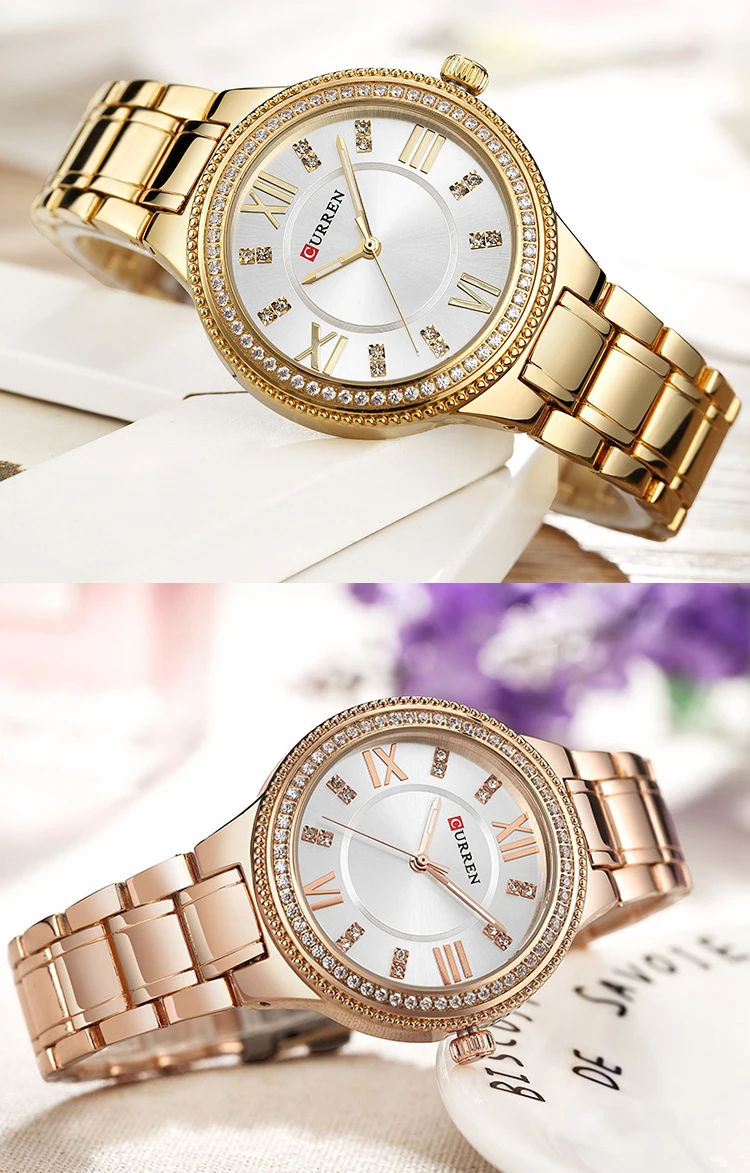 Top Fashion Women Curren 9004 Luxury Crystal Elegant Bracelet Waterproof Lady Quartz Luxury Female Golden Stainless Steel Watch