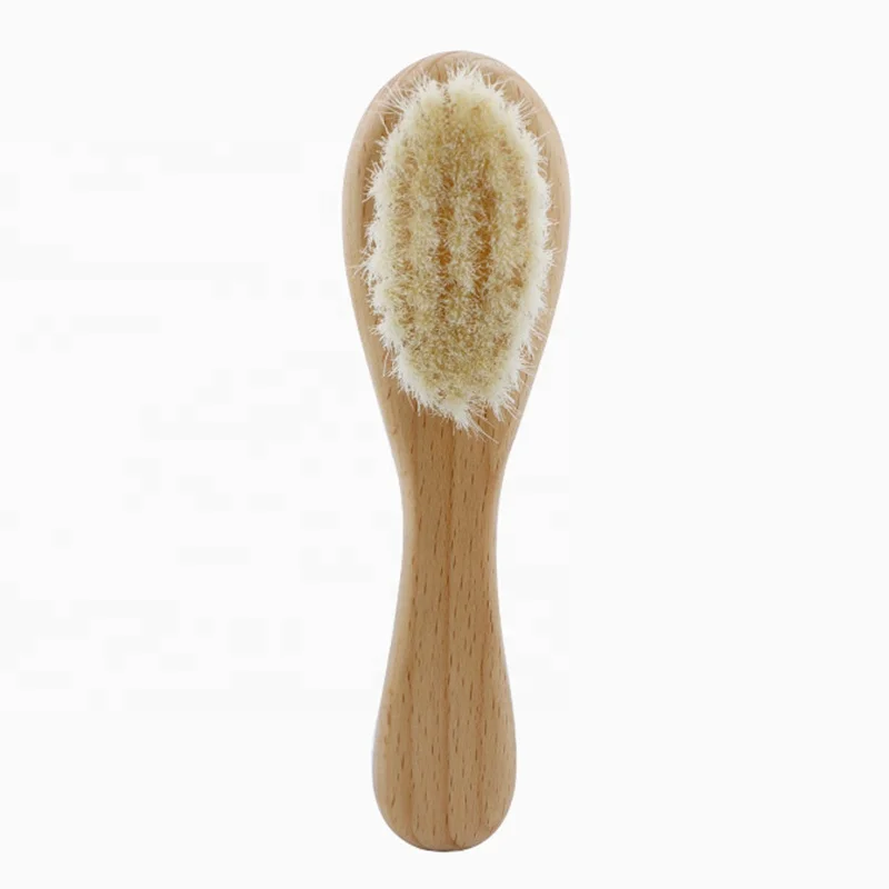 

Round Head Beech Wood Handle Natural Soft Goat Bristle Baby Hair Brush For Baby Hair Care, Natural wood color