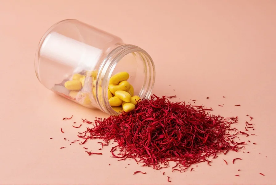 Close-up of saffron threads and capsules showing vibrant red stigmas