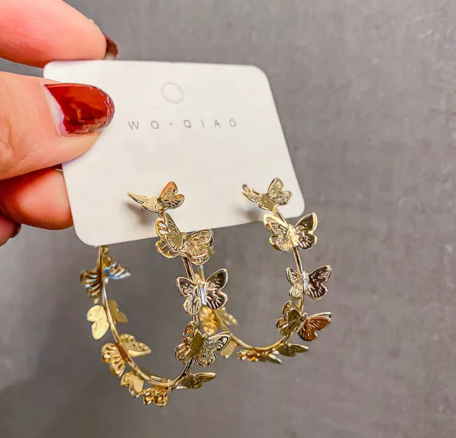

2021 fashion jewelry trendy metal gold butterfly hoop earrings