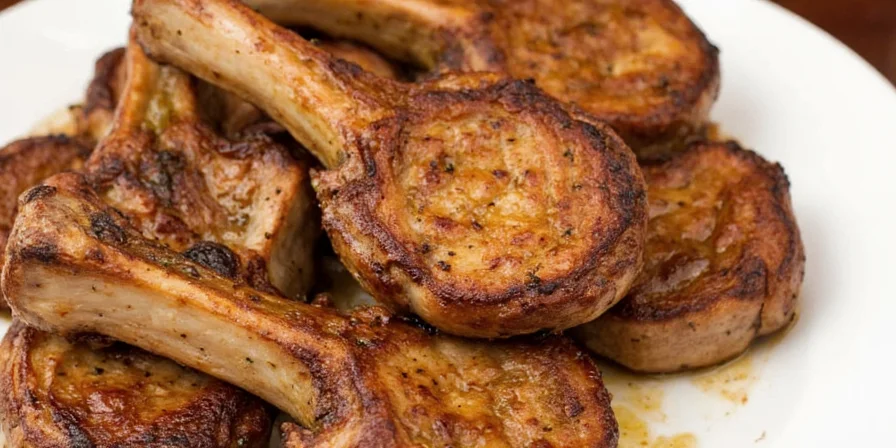 Sizzling balsamic vinegar pork chop on cast iron pan
