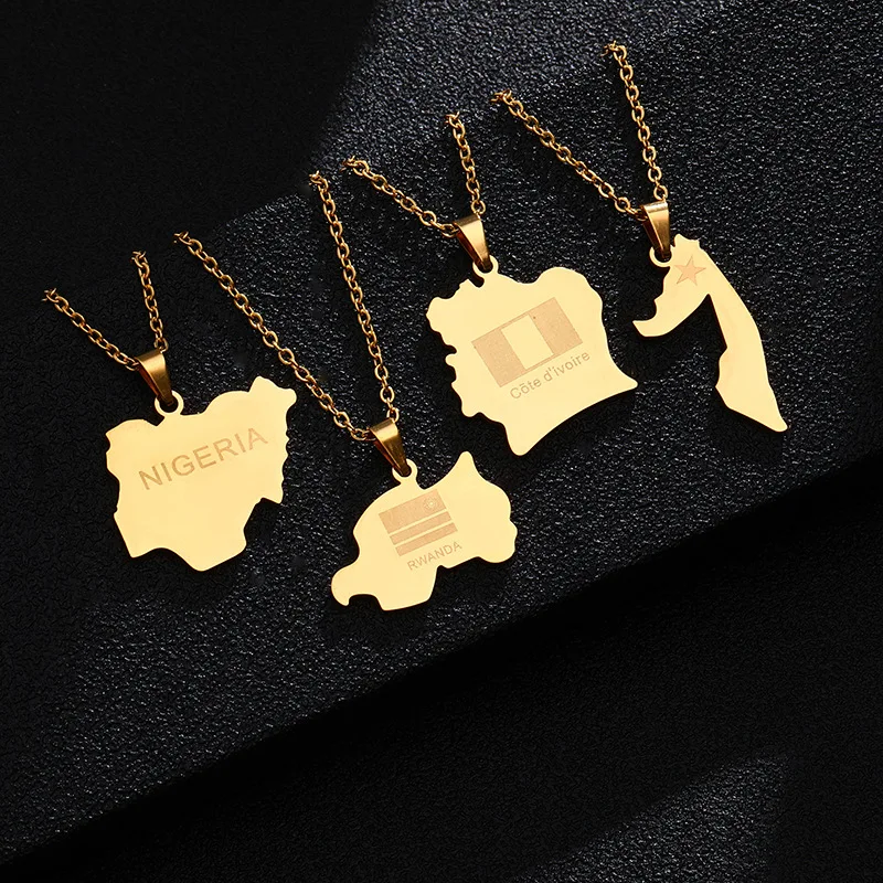 

Customized 18K Gold Stainless Steel Chain Necklaces High Quality African Country Map Pendent Necklaces For Women Men, Gold,steel color