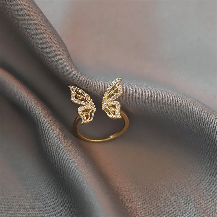 

Real Gold Electroplated Copper Inlaid Zircon Butterfly Ring Ins Fashion Female Niche Design High Sense Of Cold Wind Open Ring, Picture shows