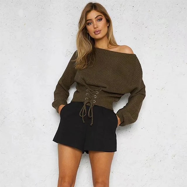 

Europe Spring Personality High Tight Waist with String Knitwear Ladies Knitted Crew Neck Lantern Sleeve Women Sweater, Customized color