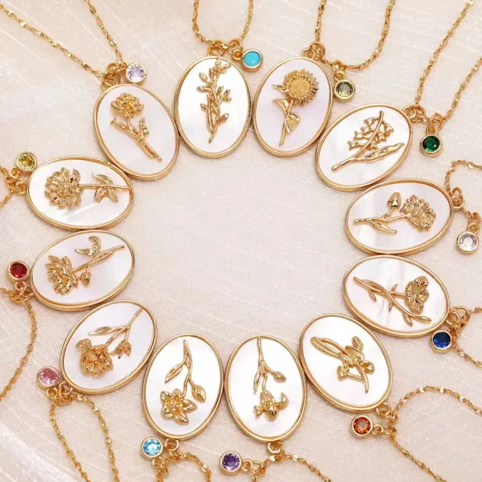 

Fine Jewelry Oval Pendant Plated Necklace Gold Stainless Steel 12 Months Birthflower Birth Month Stone Flower Women Brass Trendy