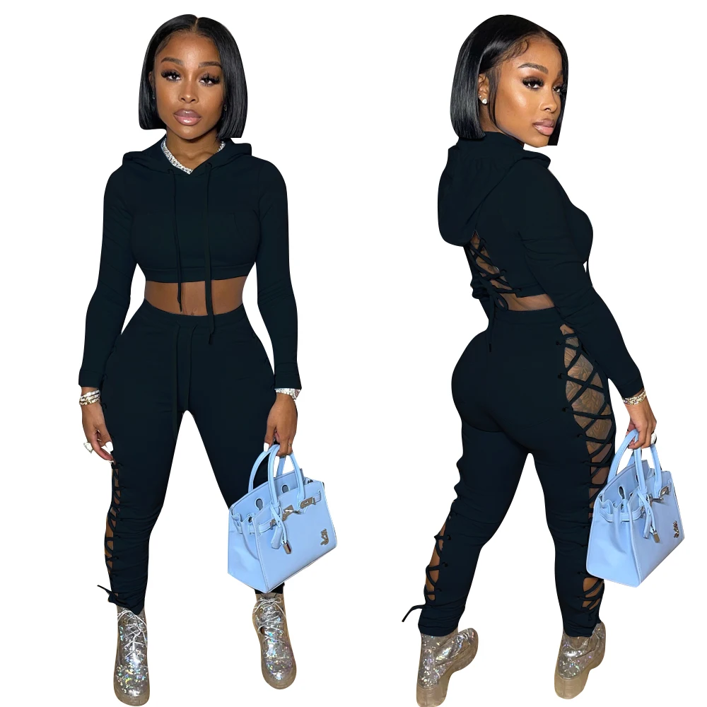 

Autumn 2021 New Arrivals Women Clothes Two Piece Sexy Long Sleeve Crop Tops And Pant Sets