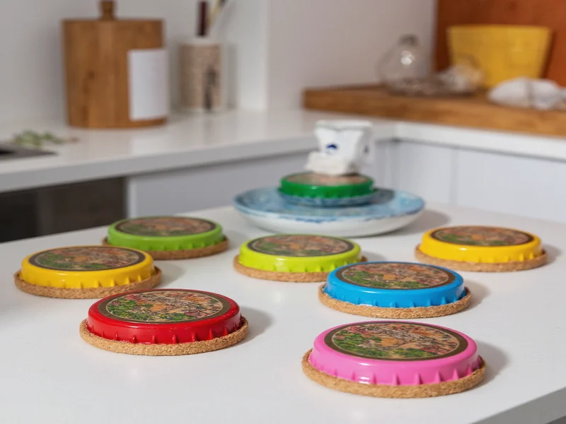 Colorful bottle cap coasters arranged on kitchen counter