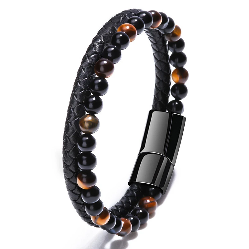 

Mens Stainless Steel Magnetic Clasp Beaded Bracelets Jewelry Black Genuine Leather Natural Stone Tiger Eye Bracelet, Picture shows