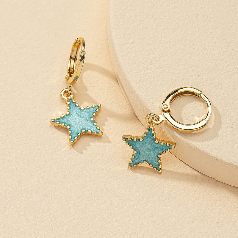 

Blue Star Dangle Round Circle Clip On Earrings 14K Gold Plated Five Pointed Huggie Earrings for Christmas Gift