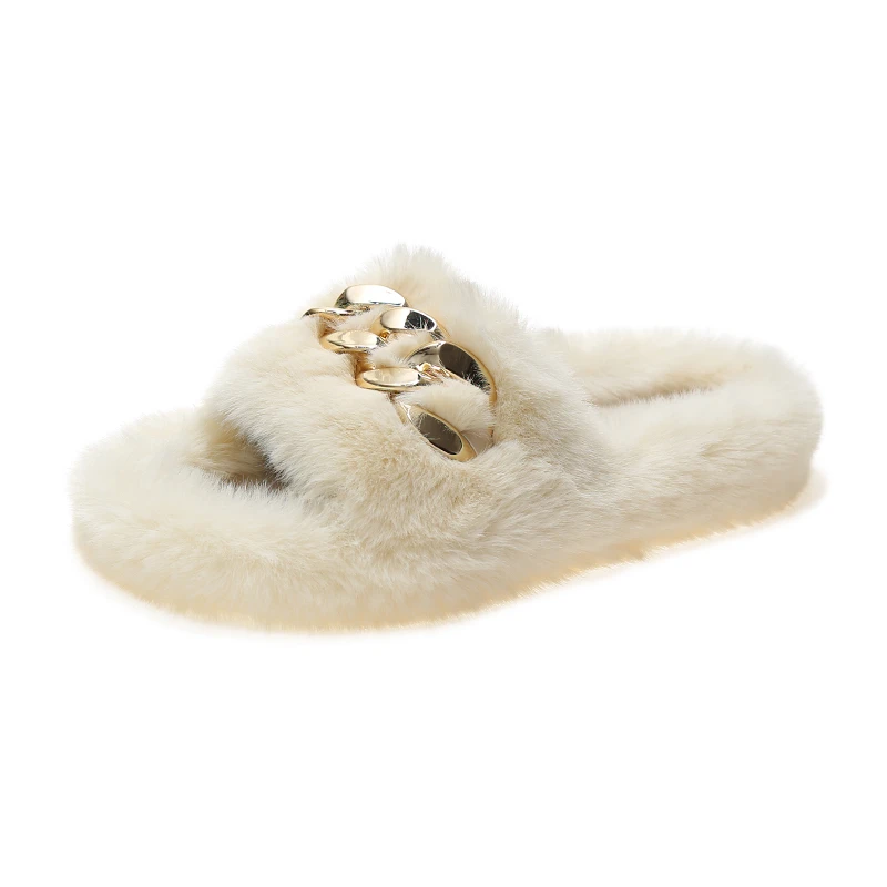 

New Arrival Pure Color Bedroom Warm Slippers Women's Fashion House Fur Slides Soft Warm Cute Decoration Chain Slides Slipper