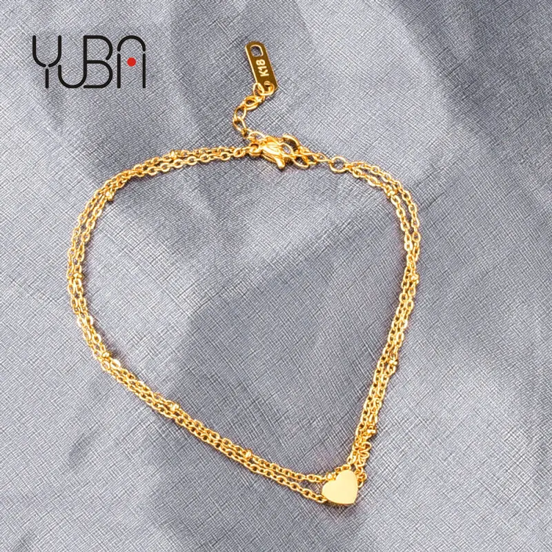 

New Beauty Elegance Double Layer Chain Heart Bracelet Anklet Woman Boho Beach Jewelry Stainless Steel Double Chain Anklets
