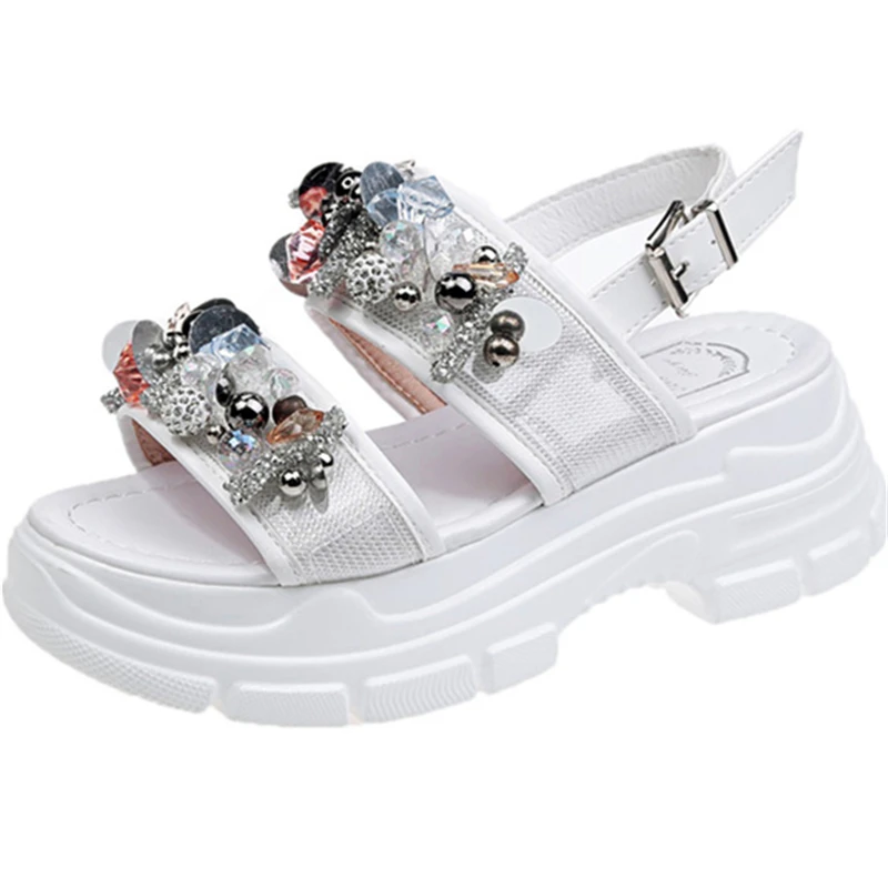 

Dropshipping 1pcs 2021 Shining Gemstone Sandals Women Buckle Open Toe Platform Flat Summer Sandals Slippers Shoes for Female