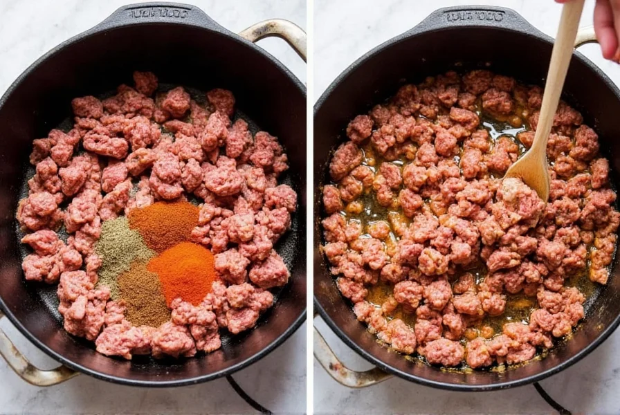 Quick and easy chili recipe step showing ground beef browning in cast iron pot with spices